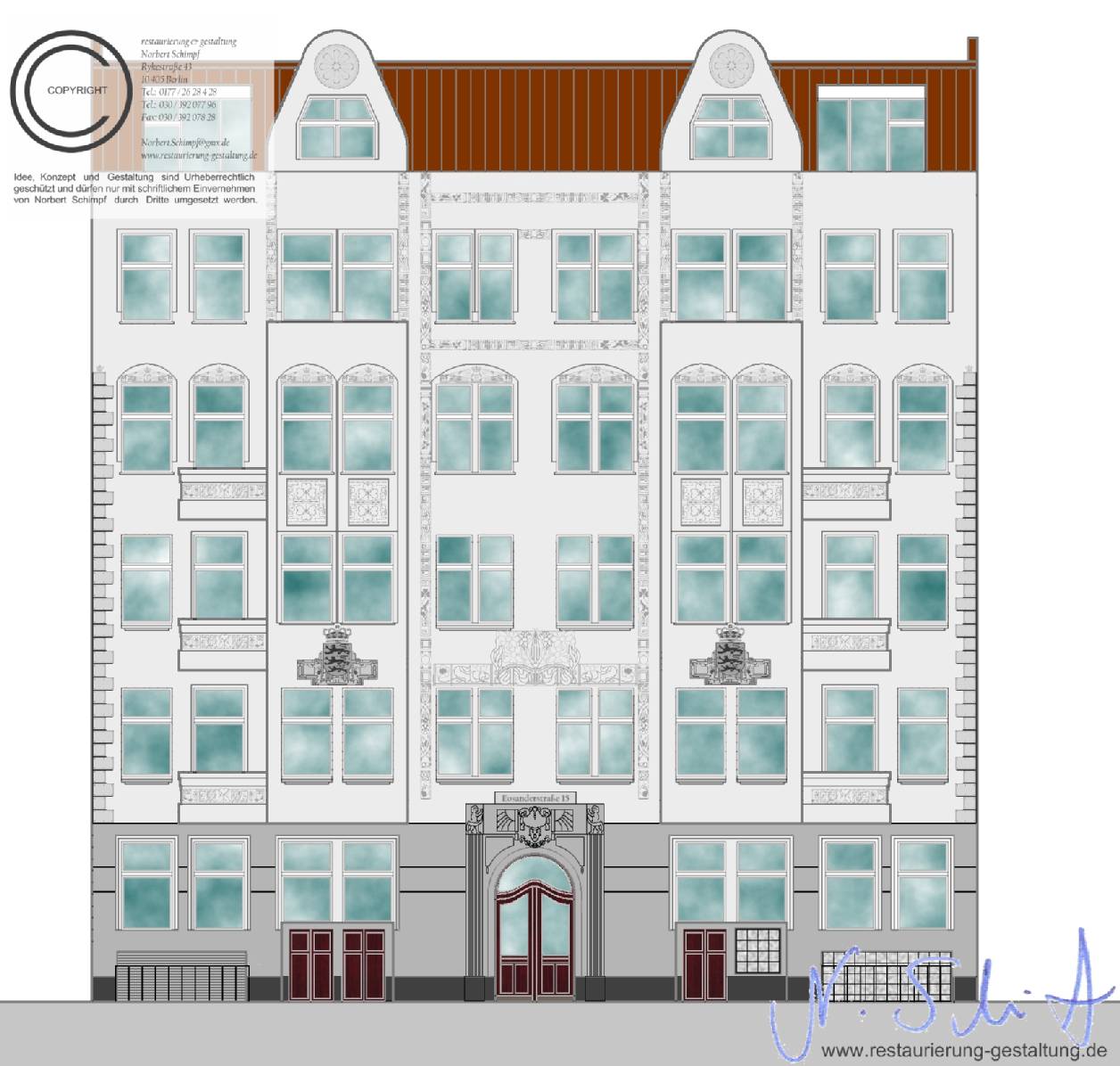 Konzept einer Berliner Fassade aus dem Jugendstil. Das Konzept, die Malerarbeiten und die Restaurierung wurde von der Firma Malermeister, staatl. gepr. Techniker Schimpf erarbeitet.  An der Fassade wurde in Anlehnung an den Jugendstil eine Fassadenmalerei in Graumalerei angelegt. Die meisten Ornamente wurden als Schablonen / Schablonierung angebracht. Da der Eigentümer aus Dänemark stammt, wurde das Dänische Wappen eingebracht und als Graumalerei mit Begleitstrich konstruiert und später gemalt. Das Portal wurde aus dem im Eingang / Entree befindlichen Stuck abgenommen (kopiert) und außen als Neu – Stuck angebracht. Der Stuck am Außenportal wurde später mit einer Lasur überzogen. Sowohl die Malerarbeiten als auch die Restaurierung wie das Konzept wurden von Malermeister Schimpf erarbeitet.