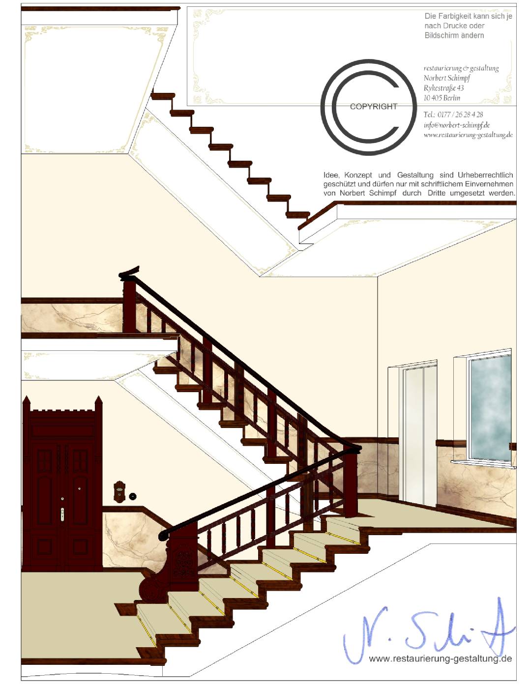 In diesem Konzept sieht man den Querschnitt von dem Treppenhaus wie es aussehen soll. Das Treppenhaus stammt aus dem Jugendstil (Stadt Berlin). Vor der Restaurierung sollen die allgemeinen Malerarbeiten ausgeführt werden. Die Deckenmalerei an den Lauf- und Podestdecken sind mit Begleitstrich und Schablone konstruiert. Die Holzbauteile sind mit einer Holzimitation / Holzmalerei versehen. Bevor am Paneel eine Marmorimitation / Marmormalerei / Marmorierung angebracht wird ist das Paneel mit einem Kalkspachtel geglättet. Die Holzimitation / Holzmalerei und Marmorimitation / Marmormalerei / Marmorierung ist mit Lasur – Technik ausgeführt. Das Konzept hat Malermeister, staatl. gepr. Techniker Norbert Schimpf erarbeitet.