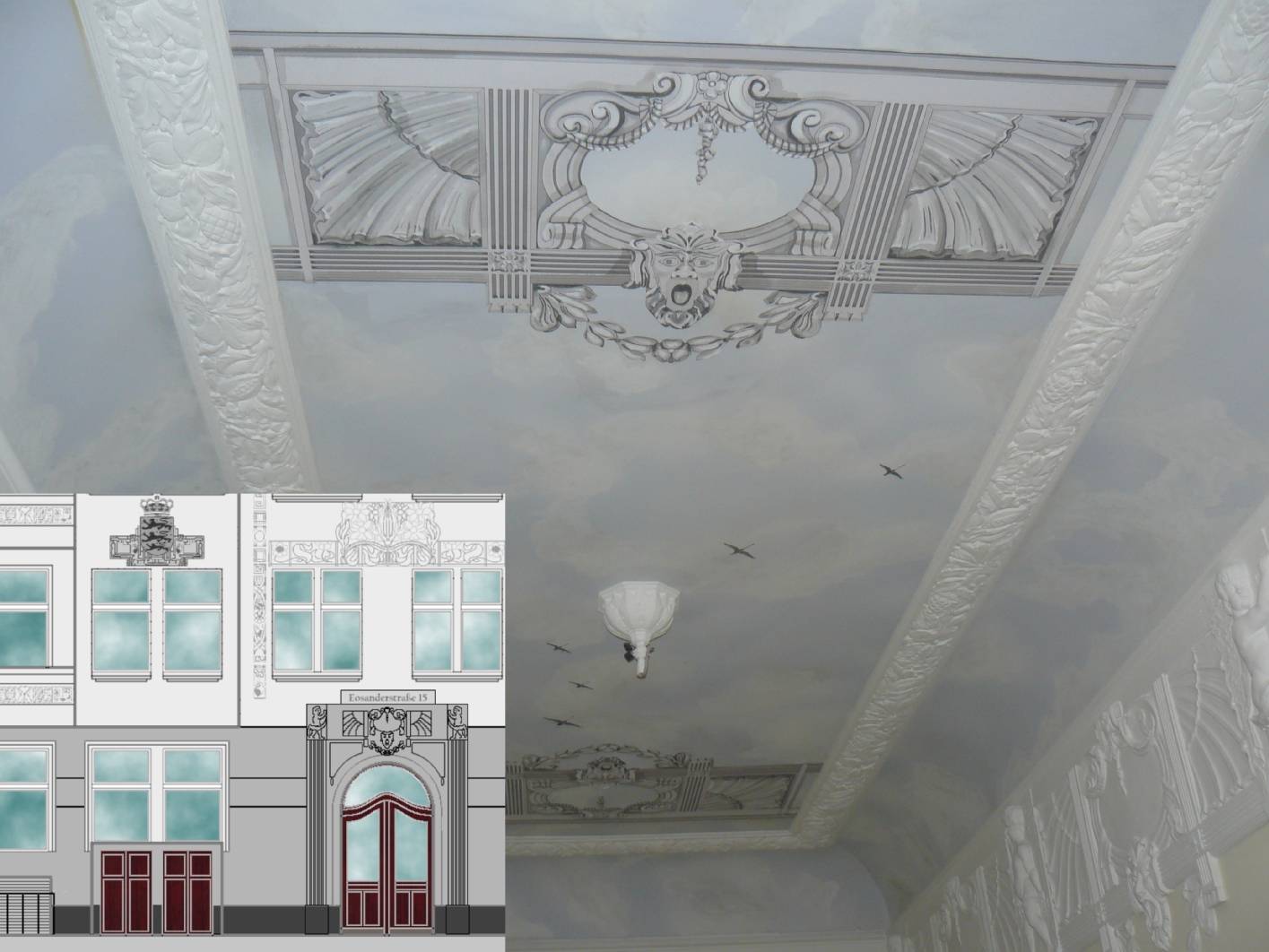 Malermeister / staatl. gepr. Techniker Norbert Schimpf hat in dem Treppenhaus und an der Fassade aus dem Jugendstil Malerarbeiten und Restaurierungen (Restaurator / Gutachten war nicht nötig) ausgeführt. Die Ornamente an der Deckenmalerei wurden vom Stuck im Eingangsbereich / Entree abgenommen und an der Decke neu als Graumalerei gemalt. Das Ornament wurde auch neu aus Stuck als Portal hergestellt und mit einer Lasur überarbeitet. Am Himmel der Deckenmalerei wurde durch verschiedene Lasuren in Lasur – Technik tiefe gegeben. An der Fassade wurde das Dänische Wappen integriert. Ansonsten wurde die Fassadenmalerei in Schablonen bzw. Schablonen - Technik gemalt. Die Fassadenmalerei an der Fassade wurde in Grau (Graumalerei) gehalten. Vor der Gestaltung und Restaurierung (Restaurierungen) im Treppenhaus hat Malermeister Schimpf alle Vor- und Malerarbeiten ausgeführt. Das Paneel wurde als Marmorimitation / Marmormalerei / Marmorierung, mit vorherigem Kalkspachtel in Kalkspachteltechnik angebracht. Der Kalkspachtel bzw. die Kalkspachteltechnik glättet die Marmorimitation / Marmormalerei / Marmorierung. Diese passt hervorragend zur Holzimitation / Holzmalerei.