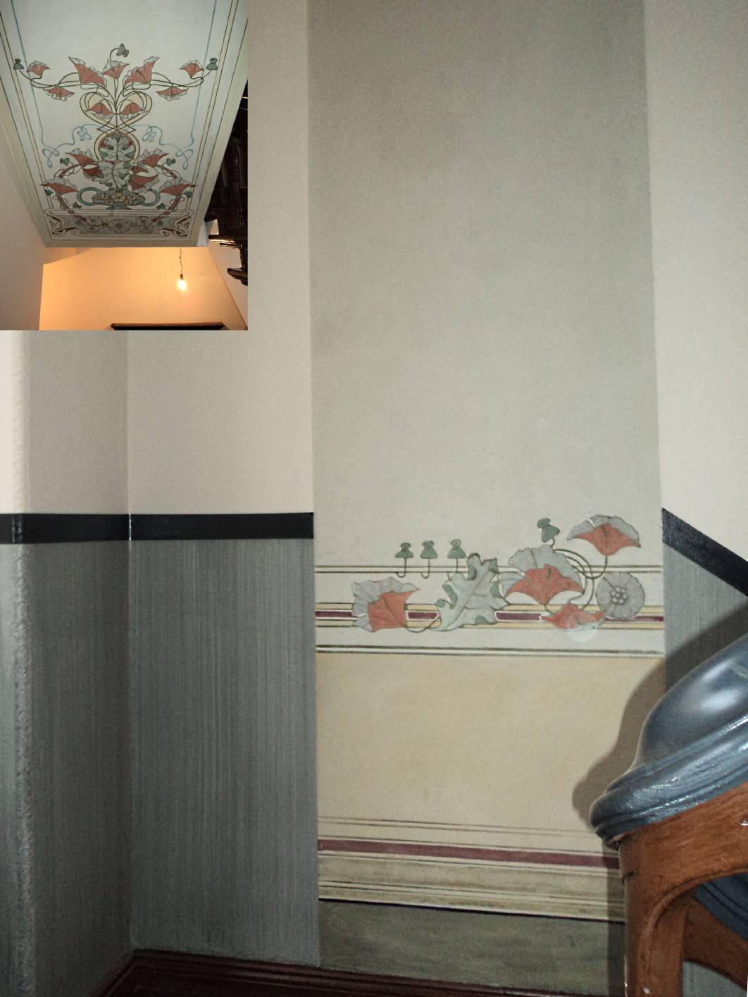 Musterachse einer Jugendstil restaurierung von Malermeister, staatl. gepr. Techniker und Restaurator im Malerhandwerk ausgeführten Malerei. Zur Musterachse gehört eine Deckenmalerei ein Paneel mit Jugendstilornamentik und eine Marmormalerei aus den dreißiger Jahren. Der Maler – Innungsbetrieb Fischer hat die Malerarbeiten im Haus ausgeführt.