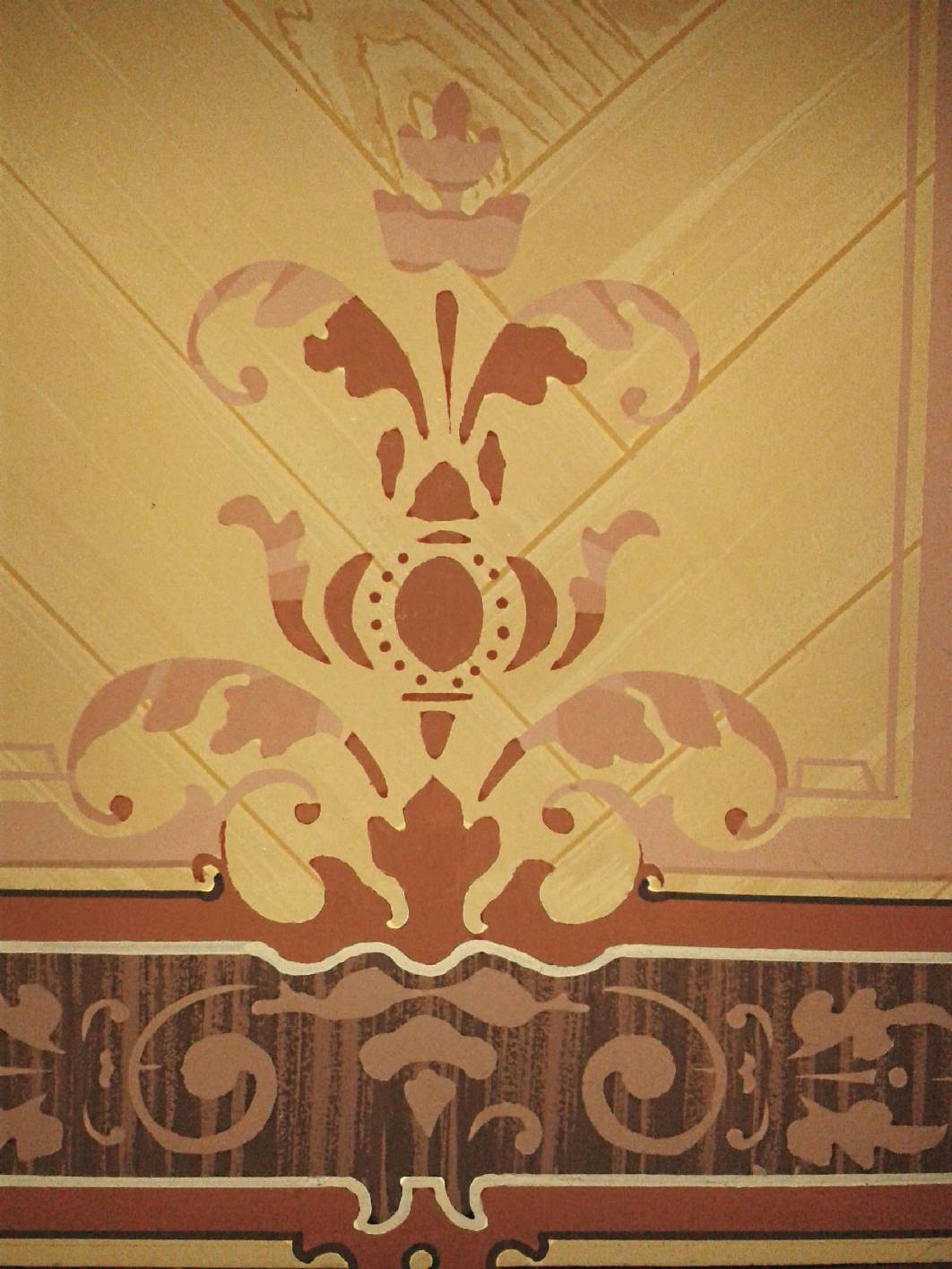 Deckenmalerei mit Schablonierung und Holzmalerei in einem Treppenhaus in Berlin vom Malermeister und Malerinnungsbetrieb, staatl. gepr. Techniker und Restaurator im Malerhandwerk Schimpf. Der Malerbetrieb restaurierung & gestaltung exklusive Malerarbeiten überarbeitet  Altbau - Häuser aus der Gründerzeit.