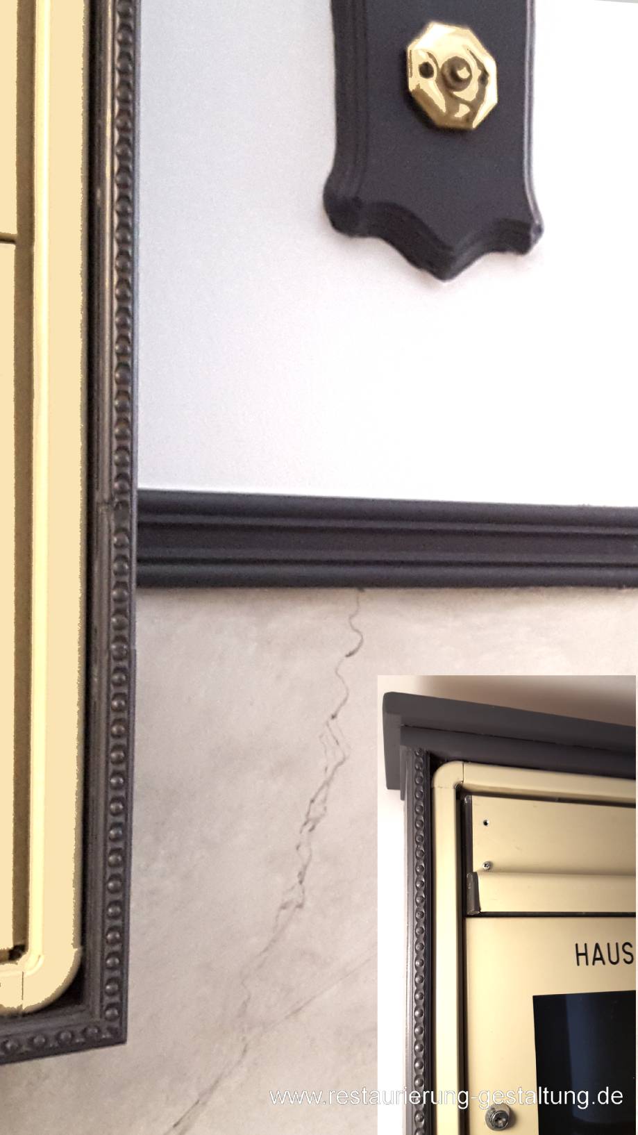 Um die Briefkastenanlage im Entree aus den 80igern hat Restaurator und Meister Schimpf einen Kasten umbaut und diesen im Farbton der Türen passend zur Treppenhausgestaltung beschichtet.