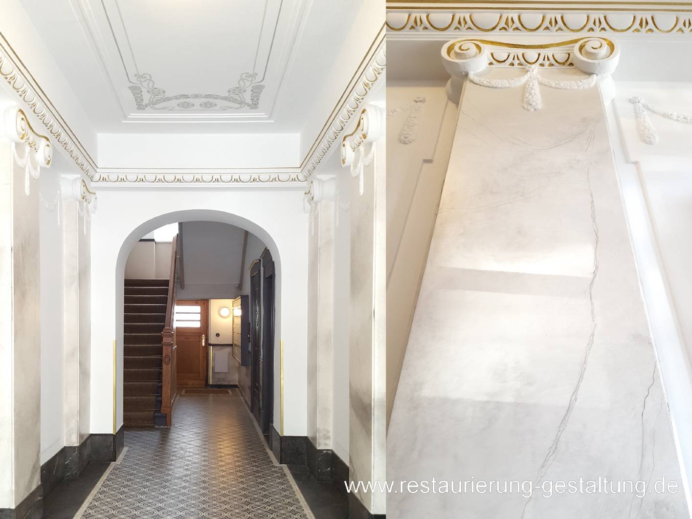 X Das Altbau Treppenhaus aus dem Jugendstil sollte edel, dezent und mit einem Hingucker im Eingang gestaltet werden. Die Ausmalung ist in einem modernen Erscheinungsbild dem Altbau angepasst. Hierbei hat das Unternehmen den historischen Charakter in die neue Gestaltung einfließen lassen. Durch die großen Erfahrungen das Unternehmens am Denkmal wurden bei den Malerarbeiten nicht nur auf Ästhetik sondern auch auf besonders große Haltbarkeit geachtet. Durch seine Maler, Malermeister und seinen Restaurator im Malerhandwerk konnte das Altbau Treppenhaus mit Durchgang das nicht unter Denkmalschutz stehet nachhaltig und für eine langfristige Nutzung der Eigentümergemeinschaft überarbeitet und gestaltet werden. So ist im stark frequentierten Eingangsbereich eine sehr stabile Marmorimitation bzw. Marmormalerei angebracht worden. Die Oberwände sind mit einem Glasflies überarbeitet. Im Allgemeinen wurde darauf geachtet, das im Treppenhaus und im Durchgang sehr helle, warme weiche und großzügige Farbtöne überwiegen. Die Farbtöne wurden vor Ort per Hand vom Malermeister und Restaurator Norbert Schimpf Angepasst.