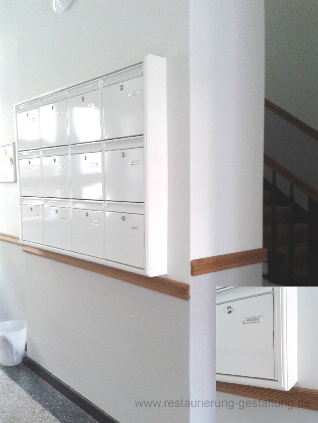 Durchfahrt in der Treppenhausgestaltung vom Treppenhaus hell vom Restaurator für Holzmalerei und Holzimitation und Malermeister.