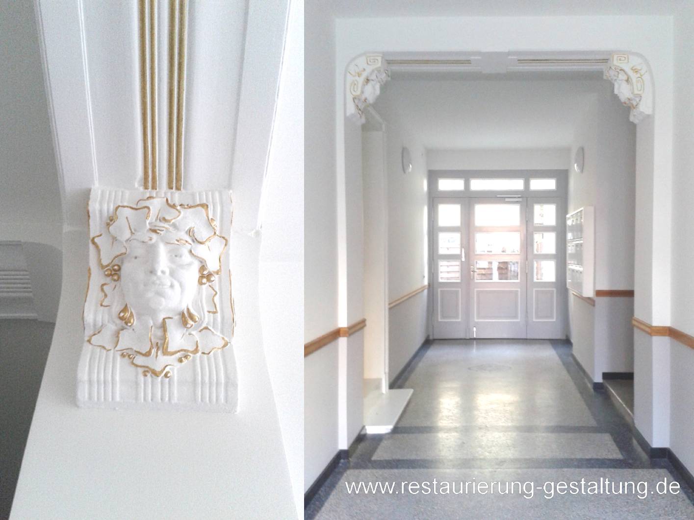 X Dieses Treppenhaus wurde sehr dezent und zurückhaltend gestaltet. In dem Altbau aus dem Jugendstil wurden Maler und Tischlerarbeiten von dem Unternehmen restaurierung & gestaltung ausgeführt. Nur im Detail und in der eleganten Farbgebung ist der Restaurator erkennbar. Das Treppenhaus ist sehr hell gehalten. An den Traljen und im Fußbodenbereich wurde eine dunkle Holzimitation angebracht. Im Durchgang wurden wenige teile an den Sturzköpfen vergoldet. Die Firma ist auf die Sanierung und malermäßige Instandsetzung im Altbau - Treppenhaus spezialisiert. So werden nicht nur aufwendige historische Malerarbeiten angebracht. Vor allem wenn es sich um edle dezente Gestaltungen handelt ist sehr viel Feingefühl und Geschick gefragt. Mit seinem Restaurator, Malermeister und hoch qualifizierten Maler – Gesellen kann das Unternehmen hochwertige Maler und Lackierarbeiten anbieten und umsetzen.