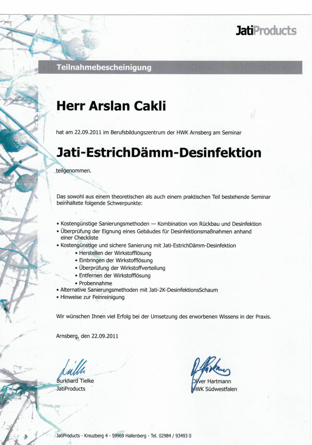 Zertifikat Cakli Arslan EstrichD&auml;mm-Desinfektion