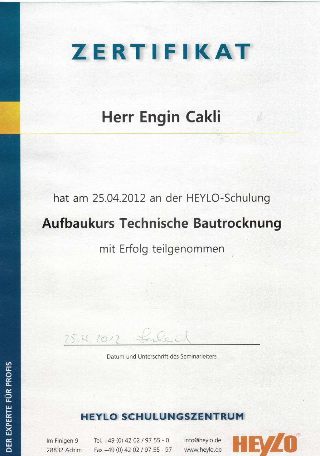 Zertifikat Cakli Engin Aufbaukurs Technische Bautrocknung