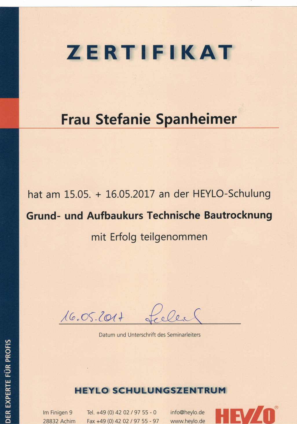 Zertifikat Stefanie Spanheimer Grund- und Aufbaukurs Technische Bautrocknung