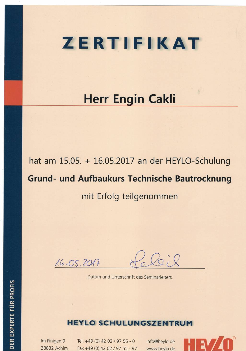 Zertifikat Technische Bautrocknung