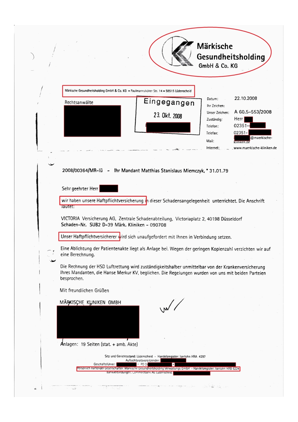 „Persönlich haftender Gesellschafter Märkische Gesundheitsholding Verwaltungs GmbH Handelsregister Iserlohn HRB 6224“