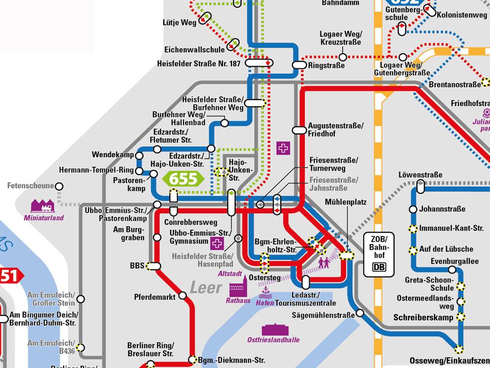 Schematischer Liniennetzplan Stadt Leer mit barrierefreien Haltestellen