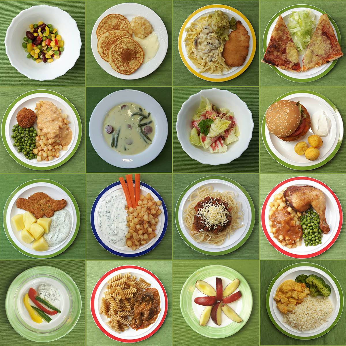 bunte anordung quadratischer Fotos mit einer  leckeren Auswahl an Speisen aus dem Kita-Catering