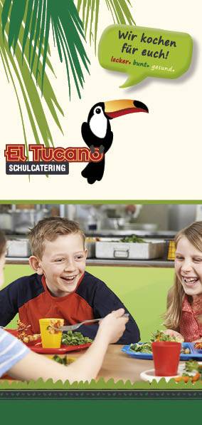 Titelbild des Flyers zum Schulcatering von El Tucano: Schulkinder essen in fröhlicher Runde
