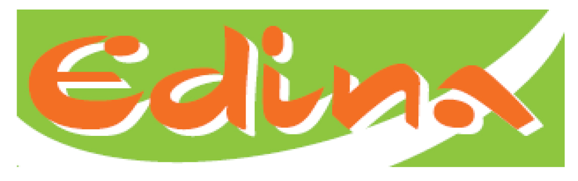 Logo unserer Schwesterfirma Edina. oranger Schriftzug auf grünem Grund mit weißer Schwungwelle