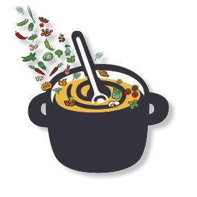 Grafische Darstellung eines großen Suppentopfes mit Rührloeffel, in den viele Gemüse und Kraeuter hineinfliegen