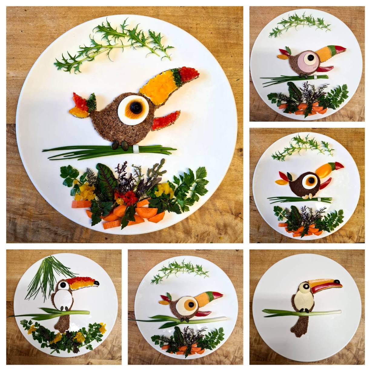 Figurenbrote mit Gemüse - verschieden Varianten unserer Logos Piepschmatz und Tukan