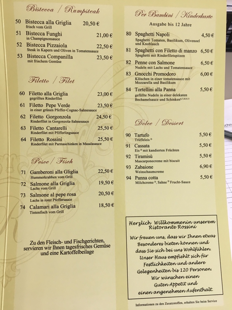 Ristorante Rossini im blauen Haus in Oberhausen Speisekarte