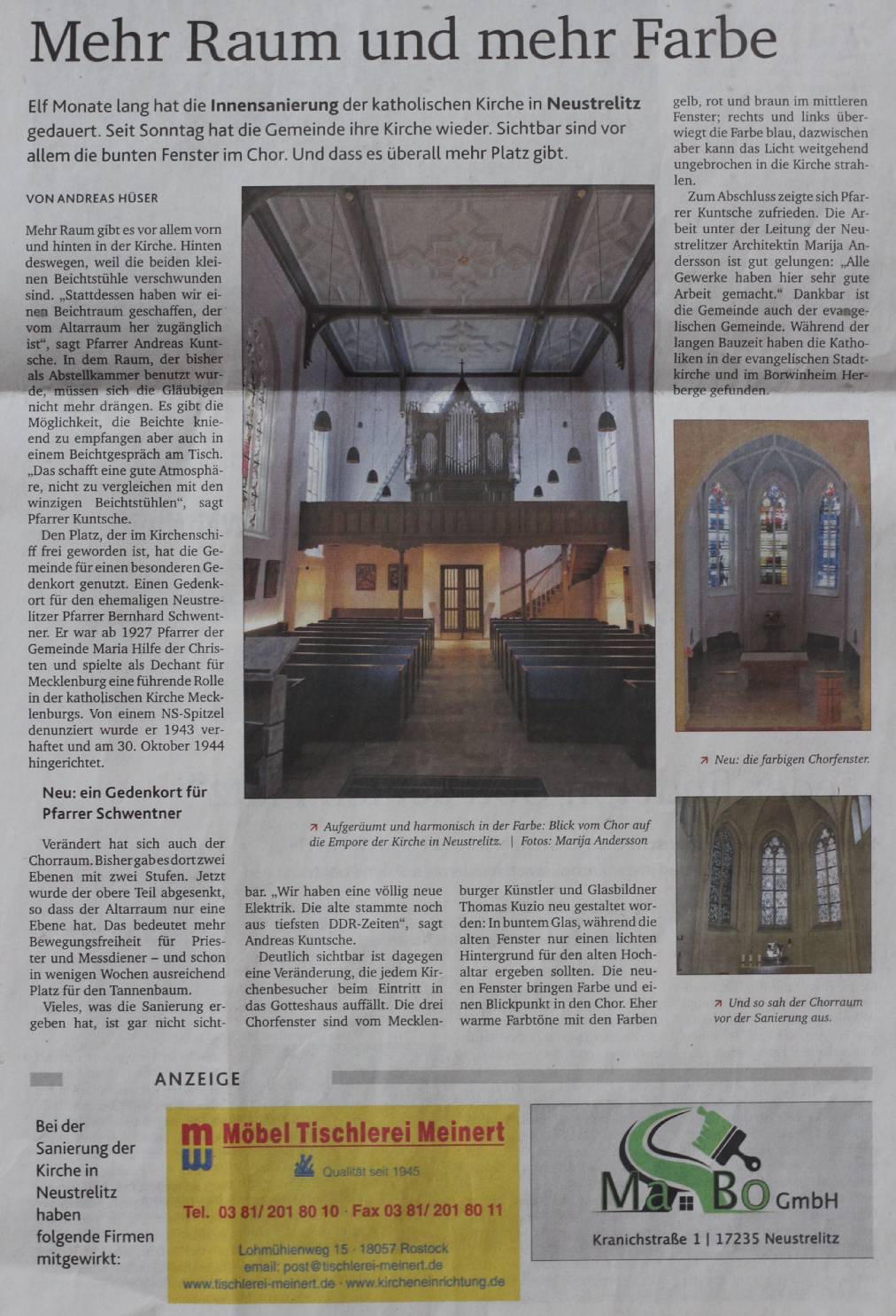 Sanierung der katholischen Kirche Neustrelitz Presseartikel Neue Kirchenzeitung 6.12.2017