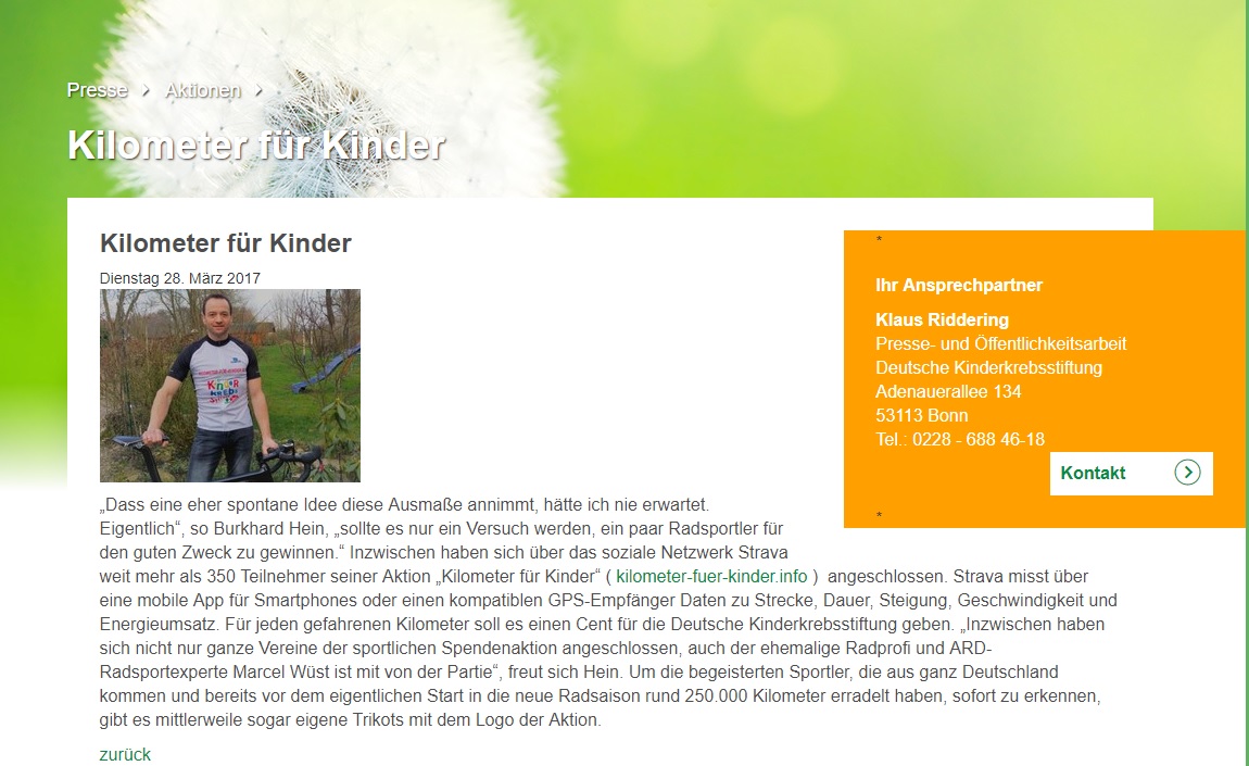 Sammeln auch Sie "Kilometer für Kinder" mit Radsport und unterstützten Sie damit die Deutsche Kinderkrebsstiftung!