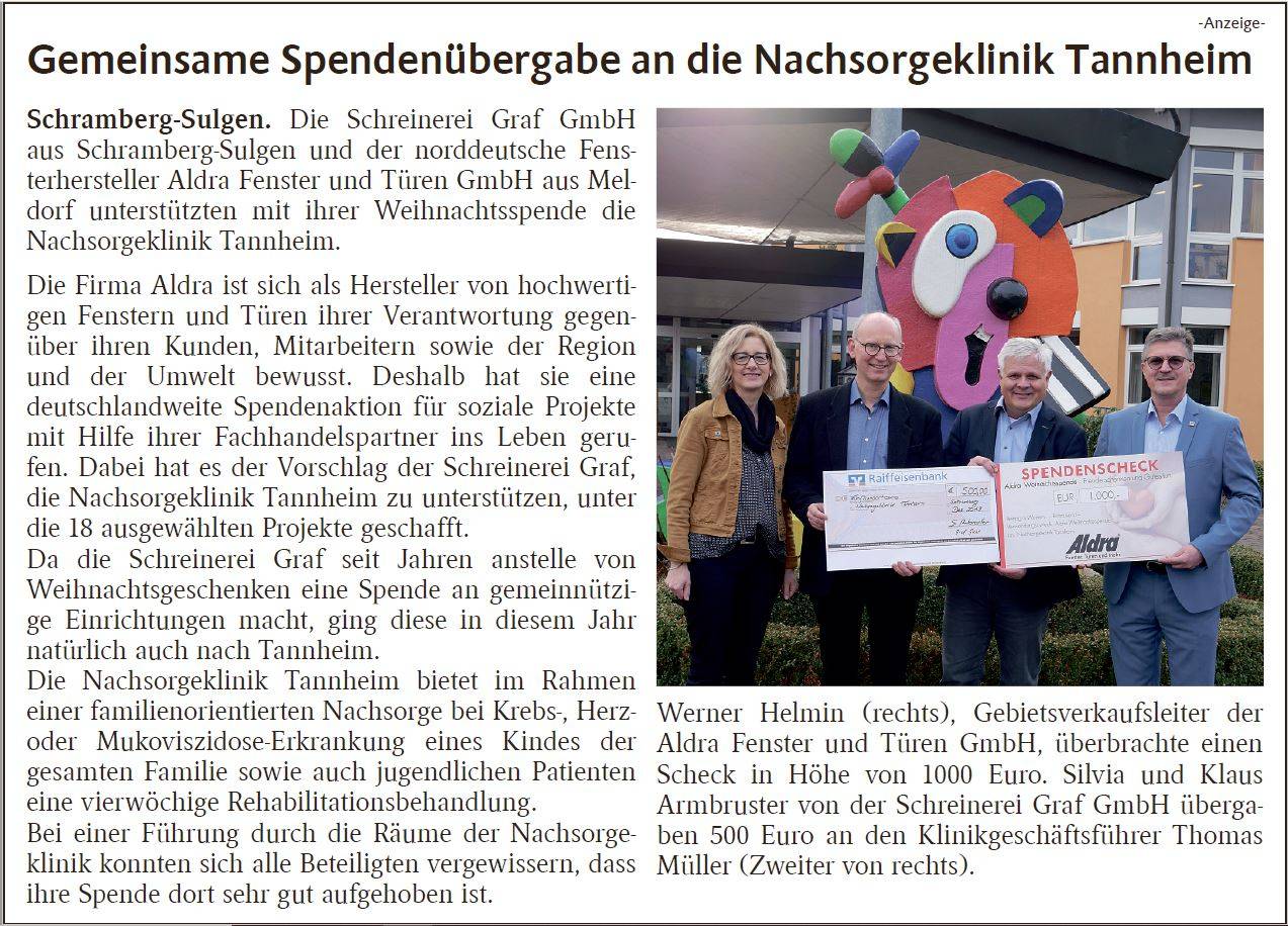 Spende an Klinik Tannheim von Schreinerei Graf Schramberg Sulgen