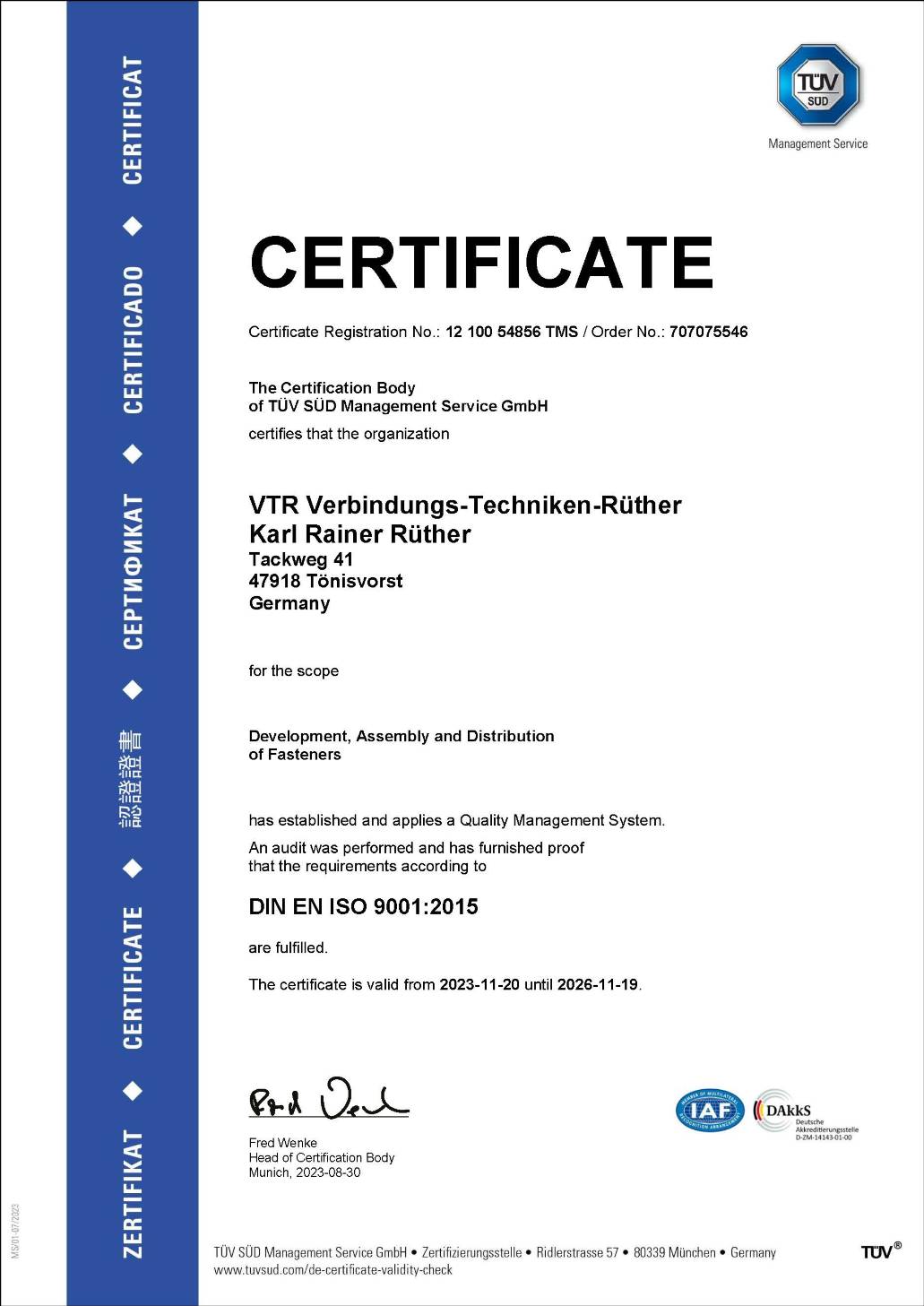 VTR ISO9001 Certificate