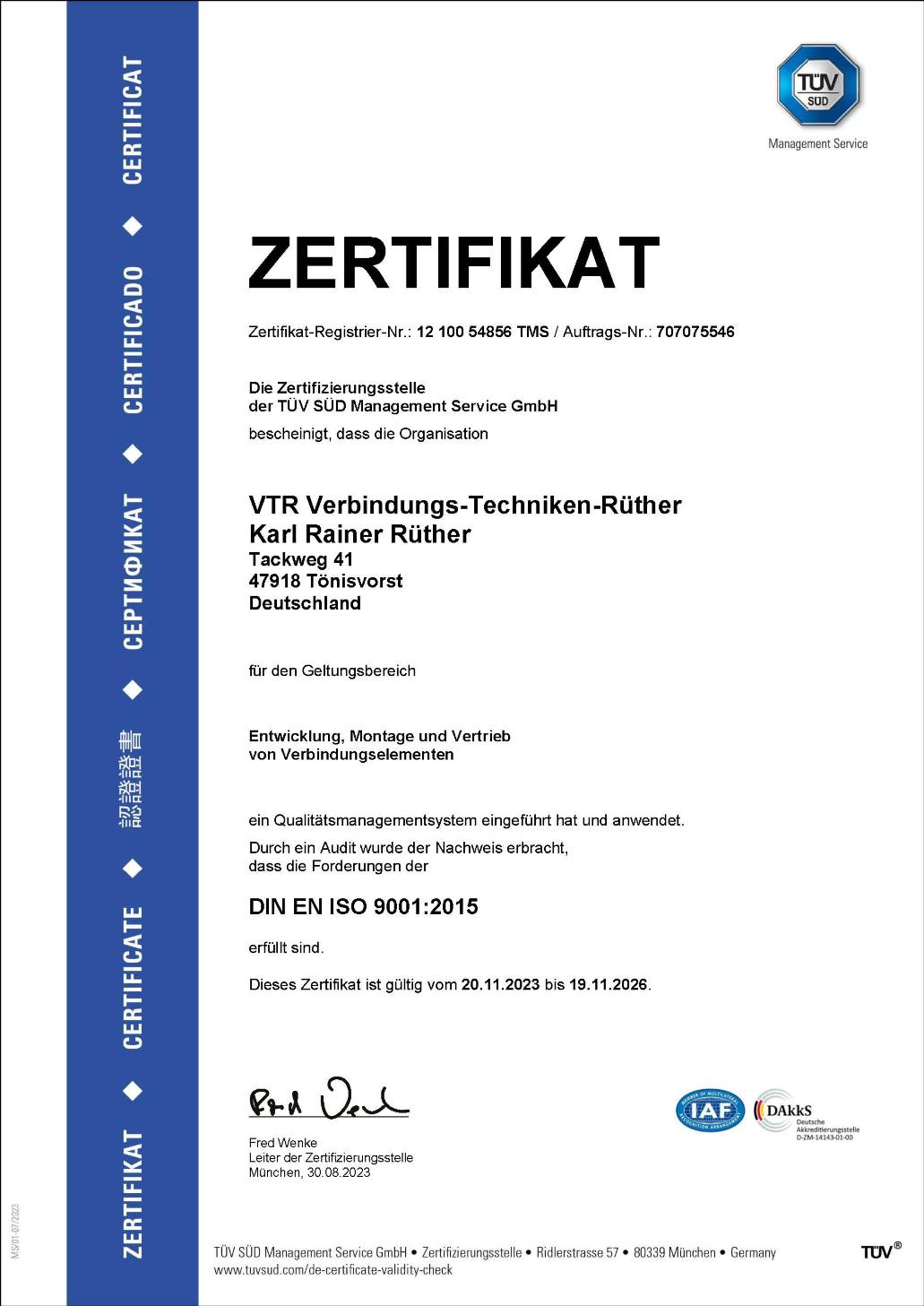 VTR ISO9001 Certificate