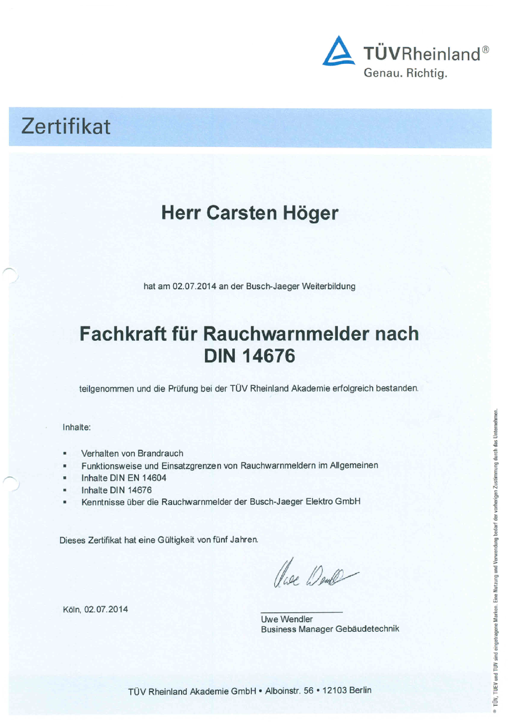 Zertifikat Rauchmelder Elmont Elektro